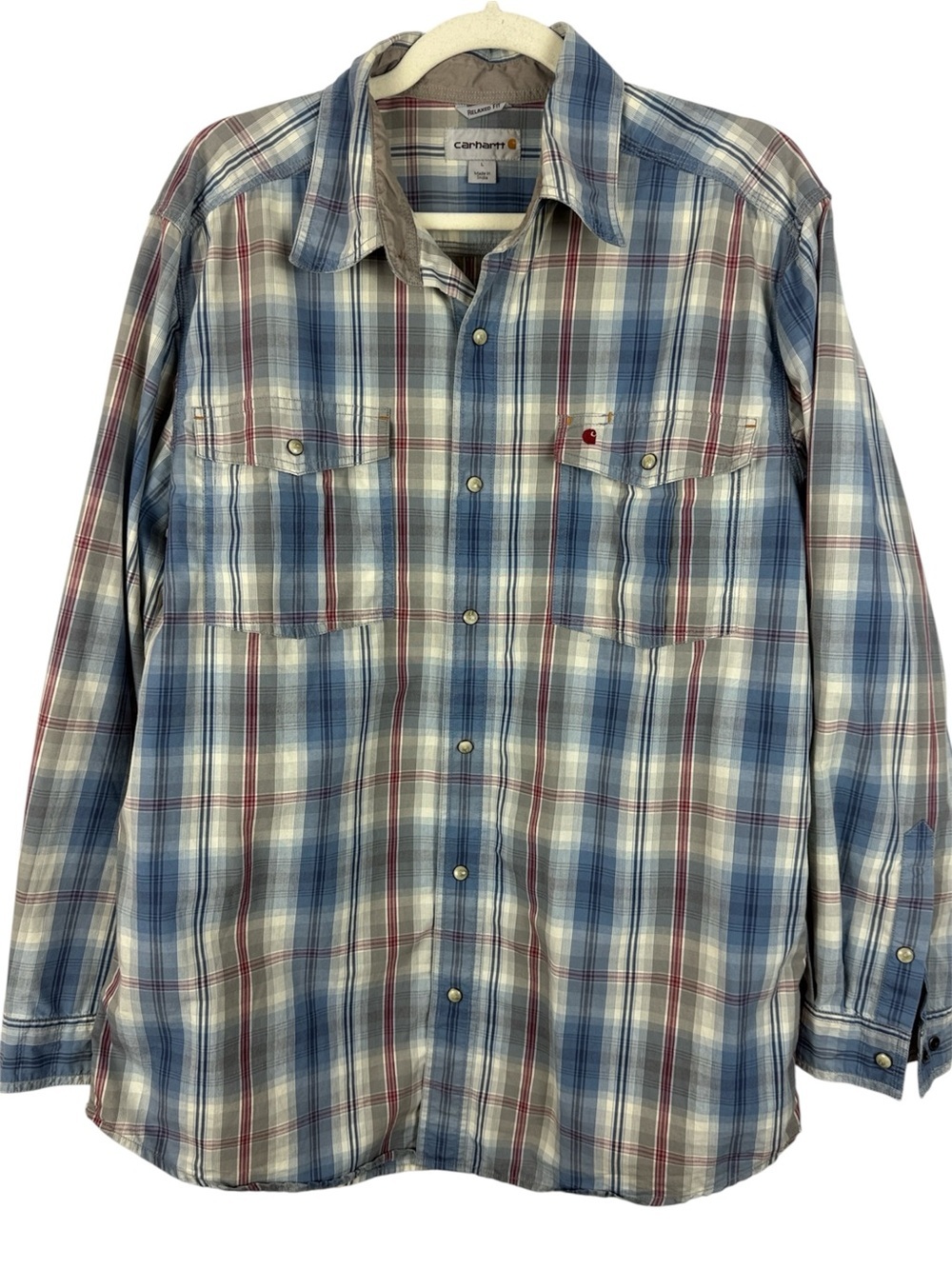 Carhartt Men's Relaxed Fit Plaid Pearl Snap Button Up Shirt Large Blue Cream Red